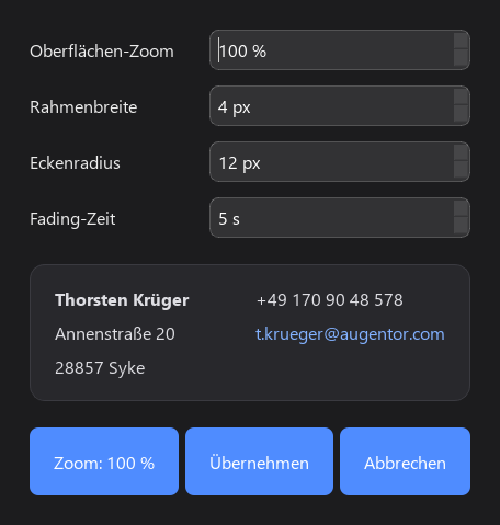 ScreenInk 1.2.1 Setup mit Oberflächen-Zoom, Rahmenbreite, Eckenradius und Fading-Zeit