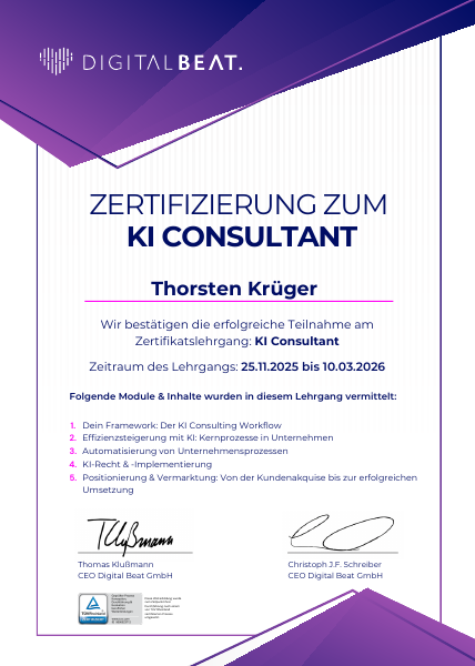 Zertifikat KI Consultant von Digital Beat für Thorsten Krüger