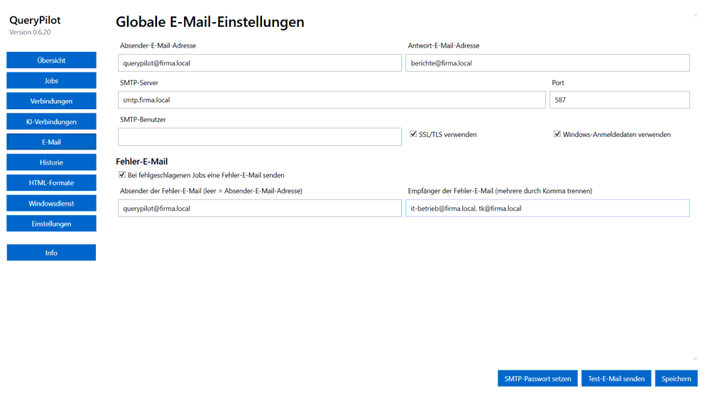 Globale E-Mail-Einstellungen mit SMTP-Server und Fehler-E-Mail