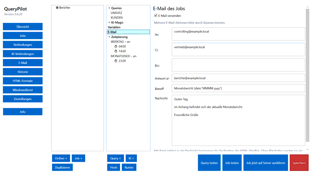 E-Mail des Jobs mit Empfängern, Betreff und Nachricht