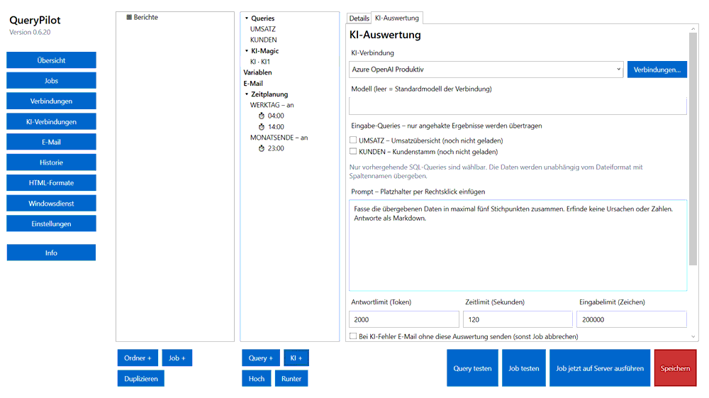 KI-Auswertung mit Eingabe-Queries, Prompt und Limits