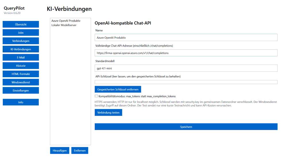 KI-Verbindungen mit Chat-API-Adresse und Standardmodell