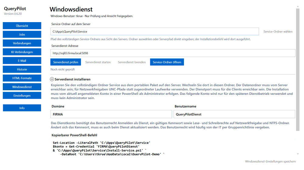 Ansicht Windowsdienst mit Service-Ordner, Serverdienst-Adresse, Prüfschaltflächen und kopierbarem PowerShell-Befehl